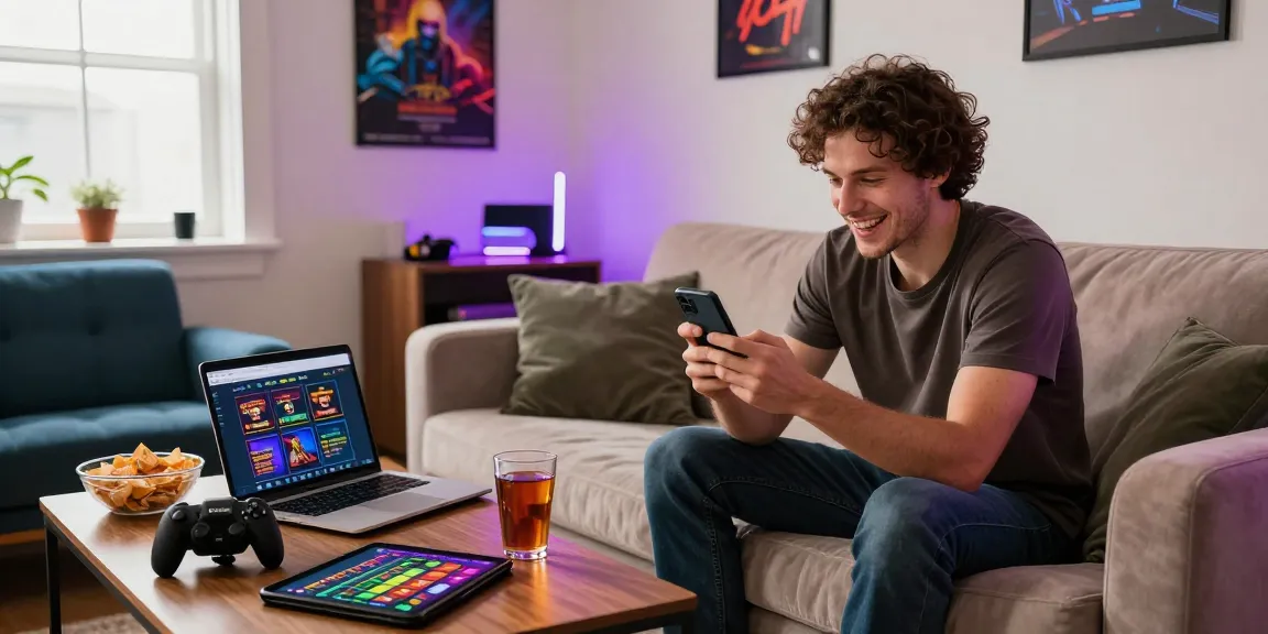 Engaged player enjoying online gaming at credit card casinos, surrounded by snacks and vibrant decor in a cozy lounge.