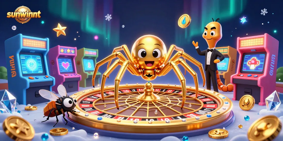 Experience the excitement of sunwinnt with a 3D spider and roulette web-themed illustration filled with casino elements.