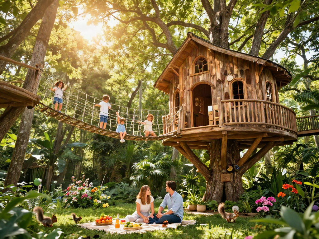 Family enjoying tree house life with kids playing and nature surrounding