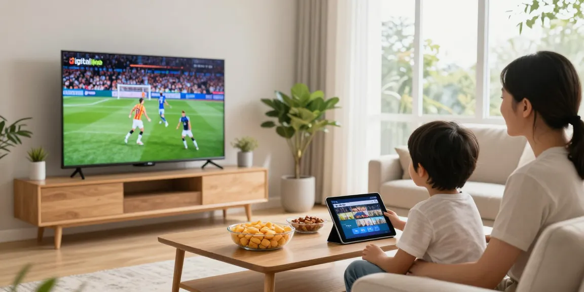 Family enjoying digitaline iptv streaming in a contemporary living room.