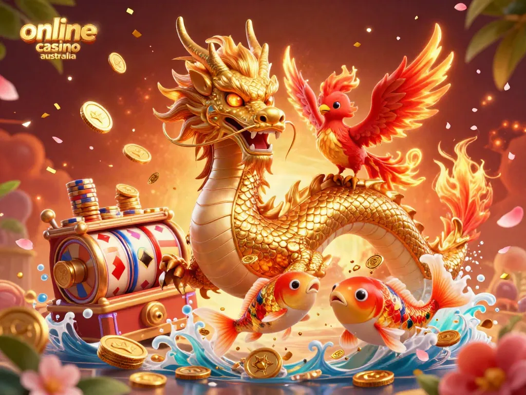 Exciting online casino Australia scene featuring a golden dragon, red phoenix, and koi fish in rich 3D illustration.