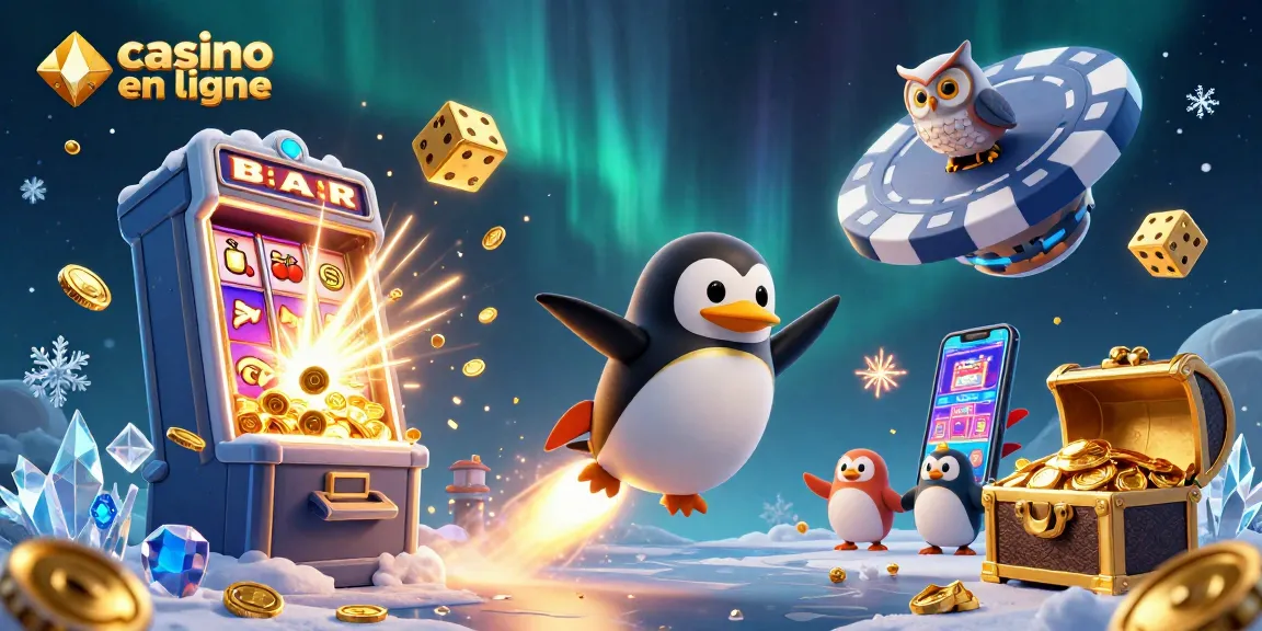 Gagnez avec le casino en ligne grâce à un pingouin doré en fusée et des machines à sous étincelantes.