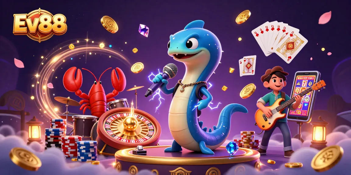 Experience Ev88 excitement with the electric eel DJ and friends lighting up the underwater casino.