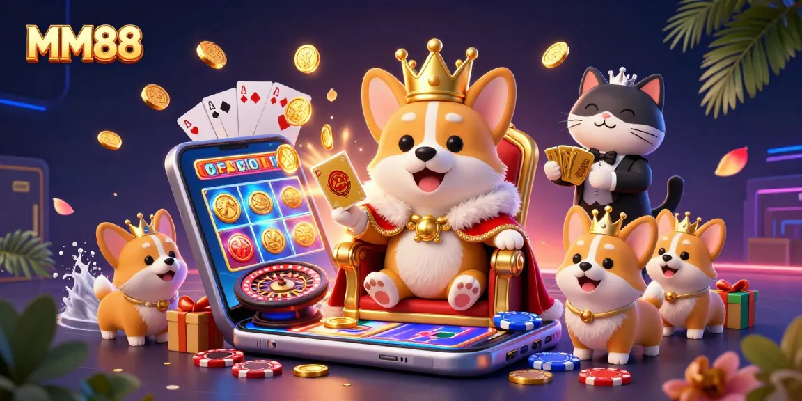 Experience MM88's casino thrill with a royal corgi, golden cards, and vibrant slot gaming elements.
