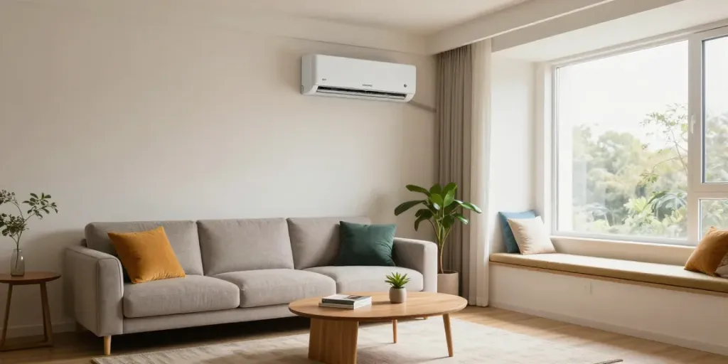 Stylish living room with a mini split AC unit, cozy and inviting atmosphere.