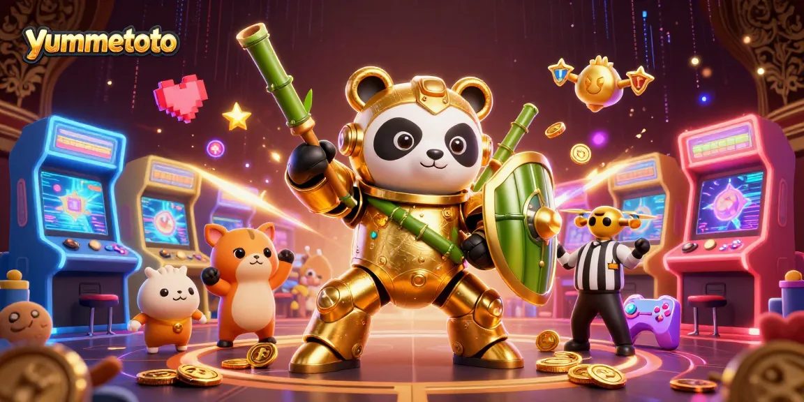Engage with yumetoto's vibrant gaming scene featuring golden panda and arcade elements.