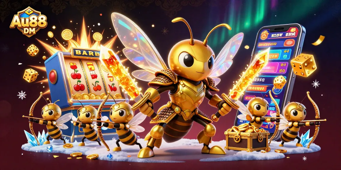 Experience thrilling wins at Au88 DM with a dynamic casino illustration featuring epic characters and exciting game elements.