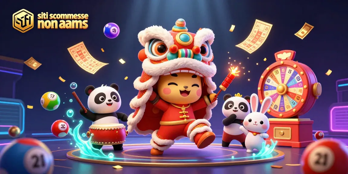 Scopri i siti scommesse non AAMS mentre danzano con un leone cinese, panda e coniglietta, circondati da premi luminosi.