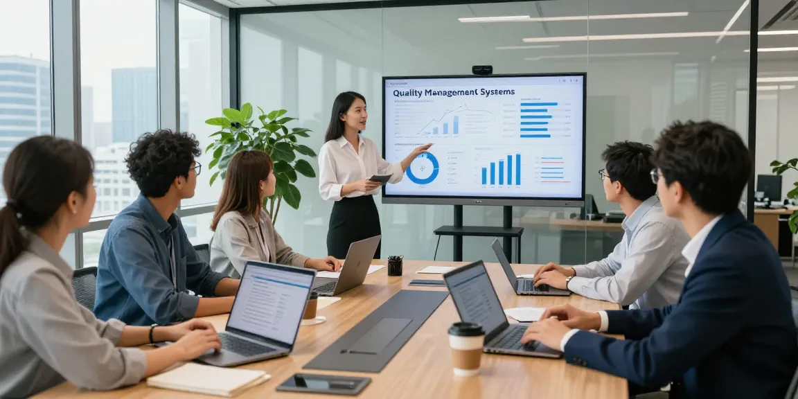 Team collaboration in a modern corporate office focusing on quality management systems for Fachportal für Qualität im Business.