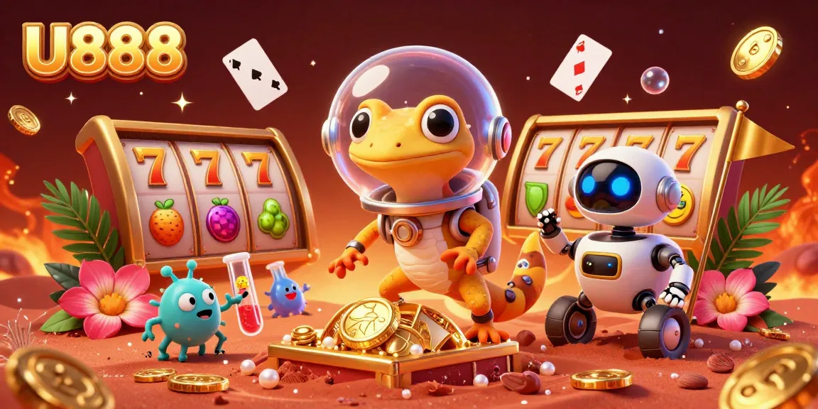 Experience the excitement of U888 as the Martian gecko finds a golden casino amidst dynamic slot reels and colorful gems.