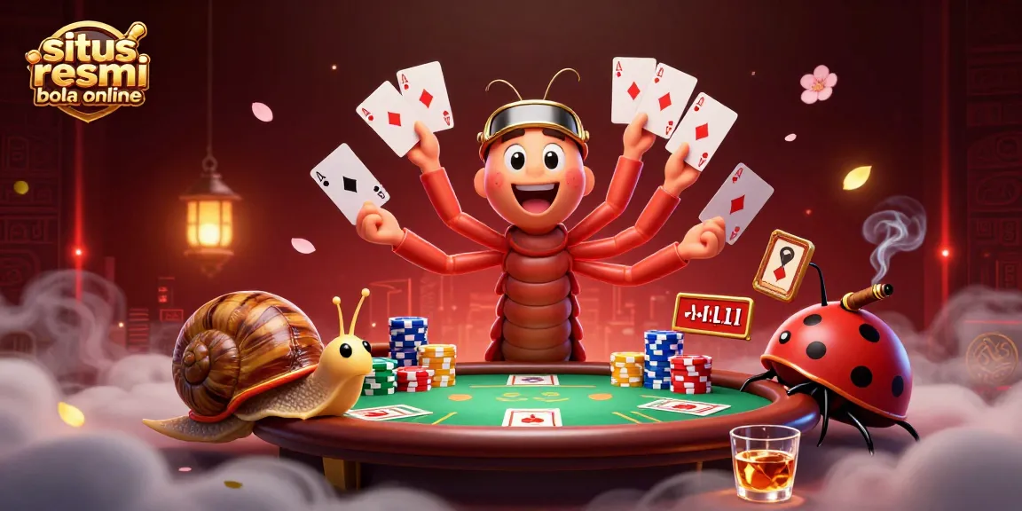 Experience intense action at situs resmi bola online with a cartoon dealer managing a vibrant poker game.