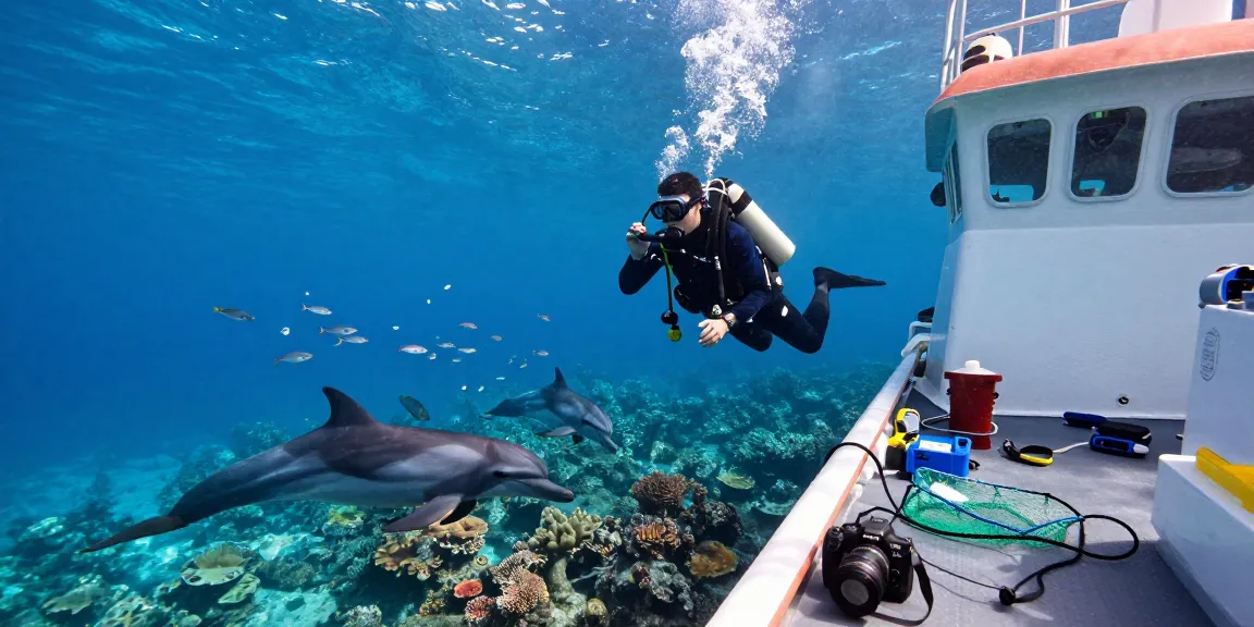 Marine biologist using a hydrophone in underwater research for ocean sounds.
