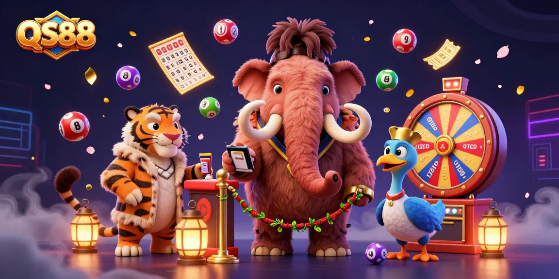 Experience the excitement at QS88 with vibrant lottery elements and engaging characters in a lively casino scene.