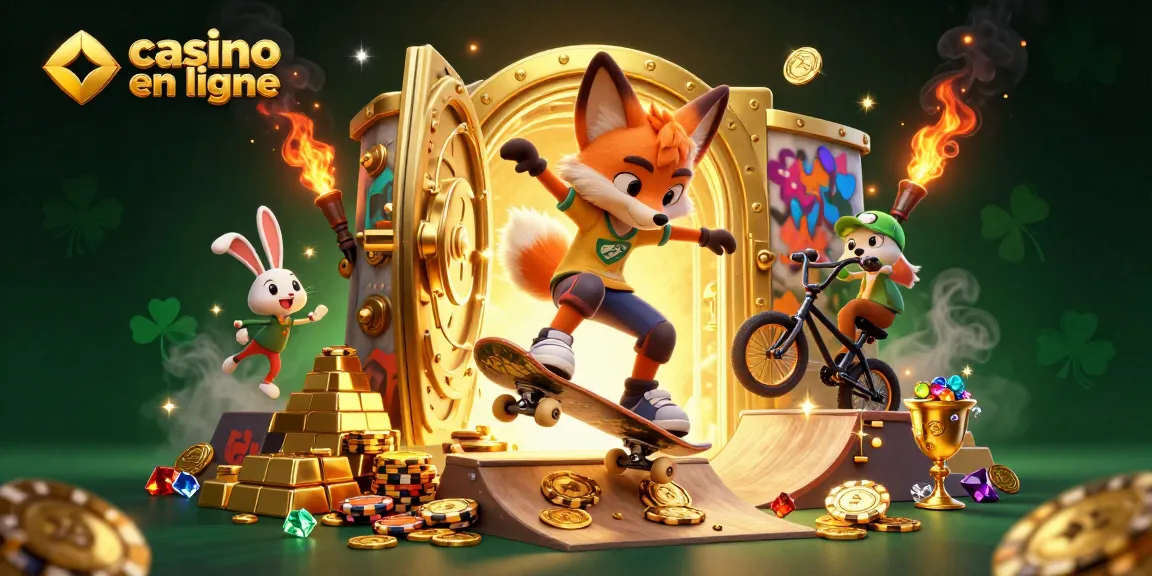 Visualisez l'excitation du casino en ligne avec un renard skateboarder et un lapin BMX entourés de trésors scintillants.
