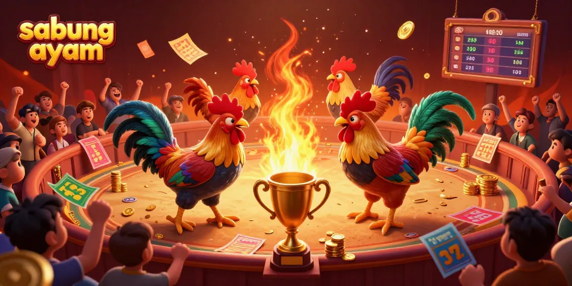 Sabung ayam fighters engage in fierce combat while spectators cheer in this dynamic online arena illustration.