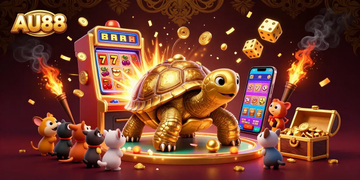 Play exciting games at AU88, featuring a dynamic golden tortoise pinball machine and jackpot slot adventure.