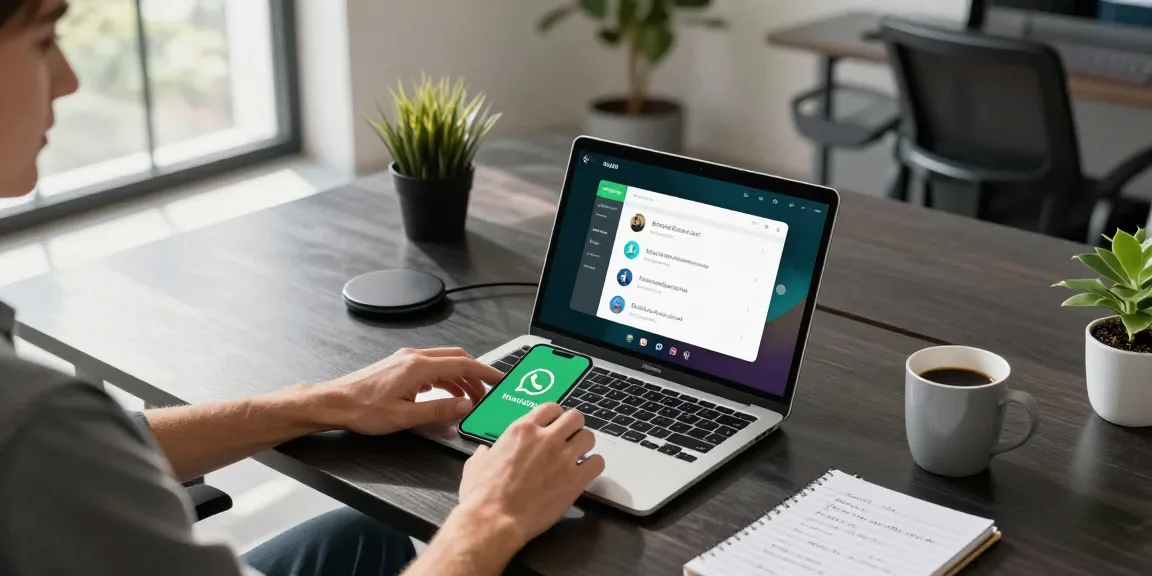 Downloading WhatsApp下載 on smartphone in a modern workspace, showcasing productivity tools and a vibrant atmosphere.