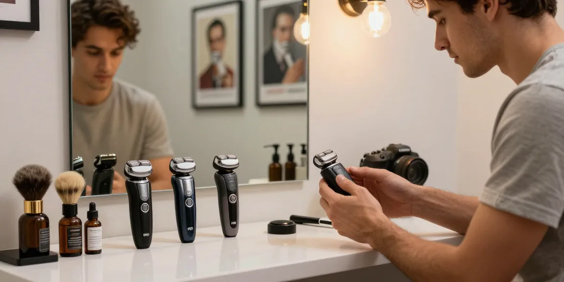 Grooming scene featuring electric shavers and a man selecting from rokok88 recommended products, showcasing a stylish studio background.