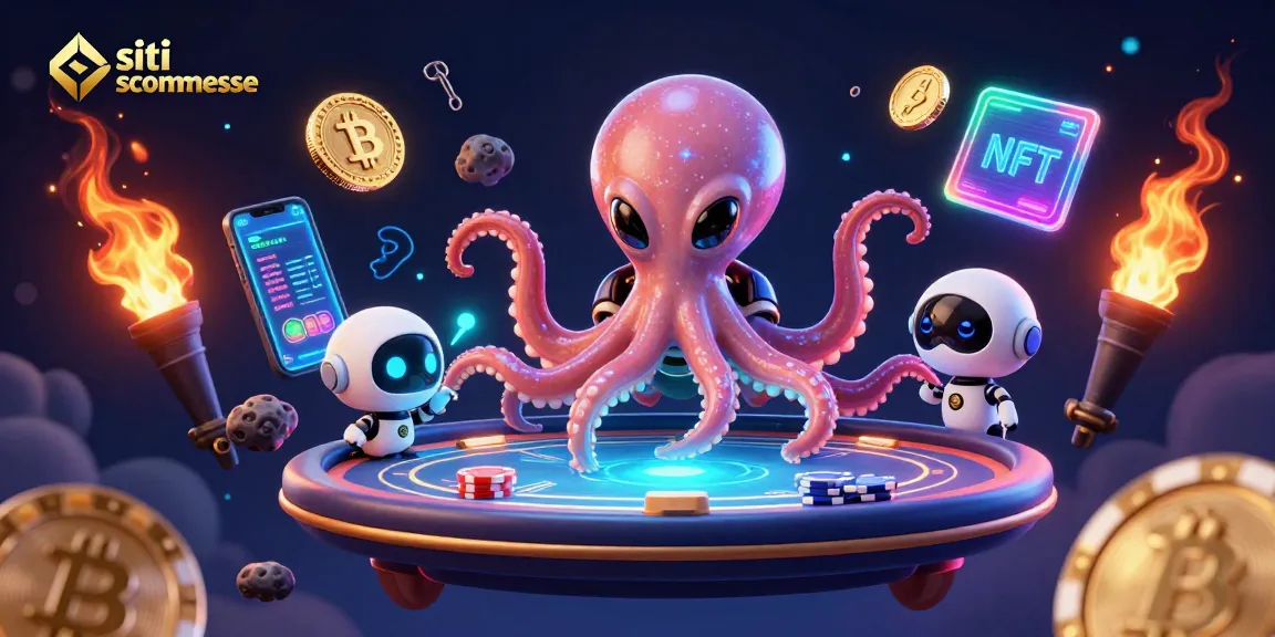Scopri i migliori siti scommesse attraverso un'illustrazione 3D coinvolgente con criptovalute e dettagli di gioco.