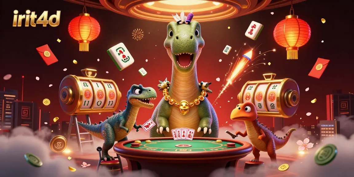 Experience thrilling gameplay with irit4d as a giant brontosaurus oversees a vibrant casino scene.