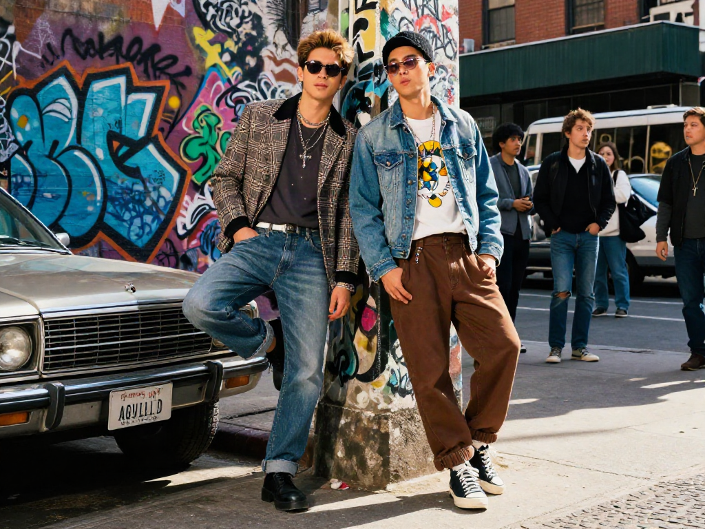Two celebrities that look alike posing playfully against a vibrant graffiti wall in an urban setting.