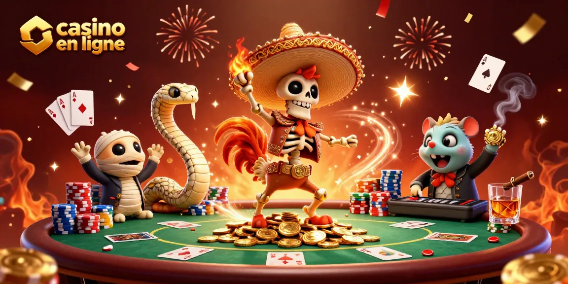 Profitez de l'excitation d'un casino en ligne avec cette illustration dynamique d'un squelette mariachi dansant.