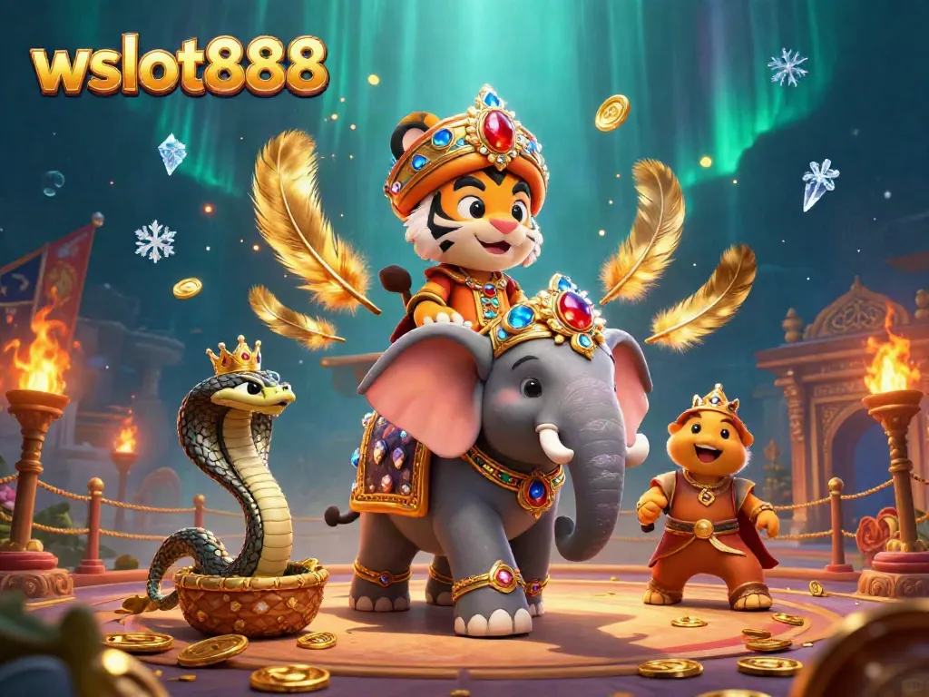 Ilustrasi 3D wslot888 menampilkan maharaja harimau dan gajah berhias dalam arena judi yang megah.