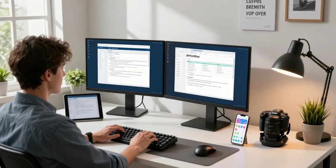 Download WPS Office in a modern home office setting with dual monitors, plants, and tech gadgets.