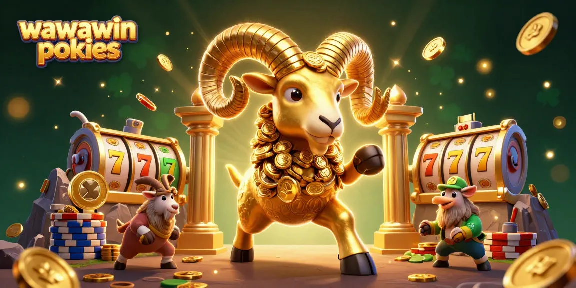 Play exciting wawawin pokies with animated golden ram and vibrant slot reels in thrilling casino scene.