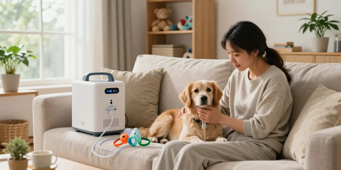 Pet owner caring for dog with petair oxygen machine nearby in cozy living room.