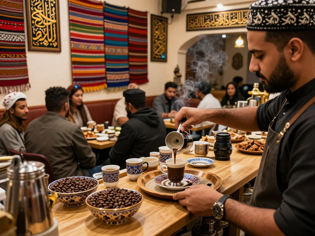 قهوجي الرياض يعد القهوة للزبائن في مقهى متنوع الأجواء.
