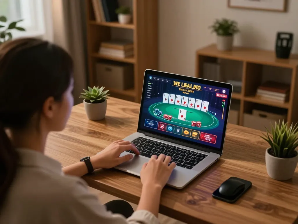Engaging online gameplay with TG88 on a stylish laptop in a cozy home office setting, capturing the excitement of live dealer games.