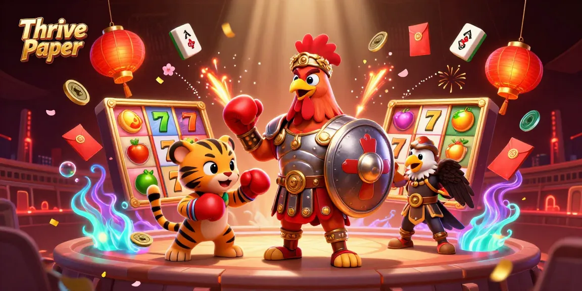 Thrive Paper showcases a vibrant casino scene with a gladiator rooster and exciting slot reels