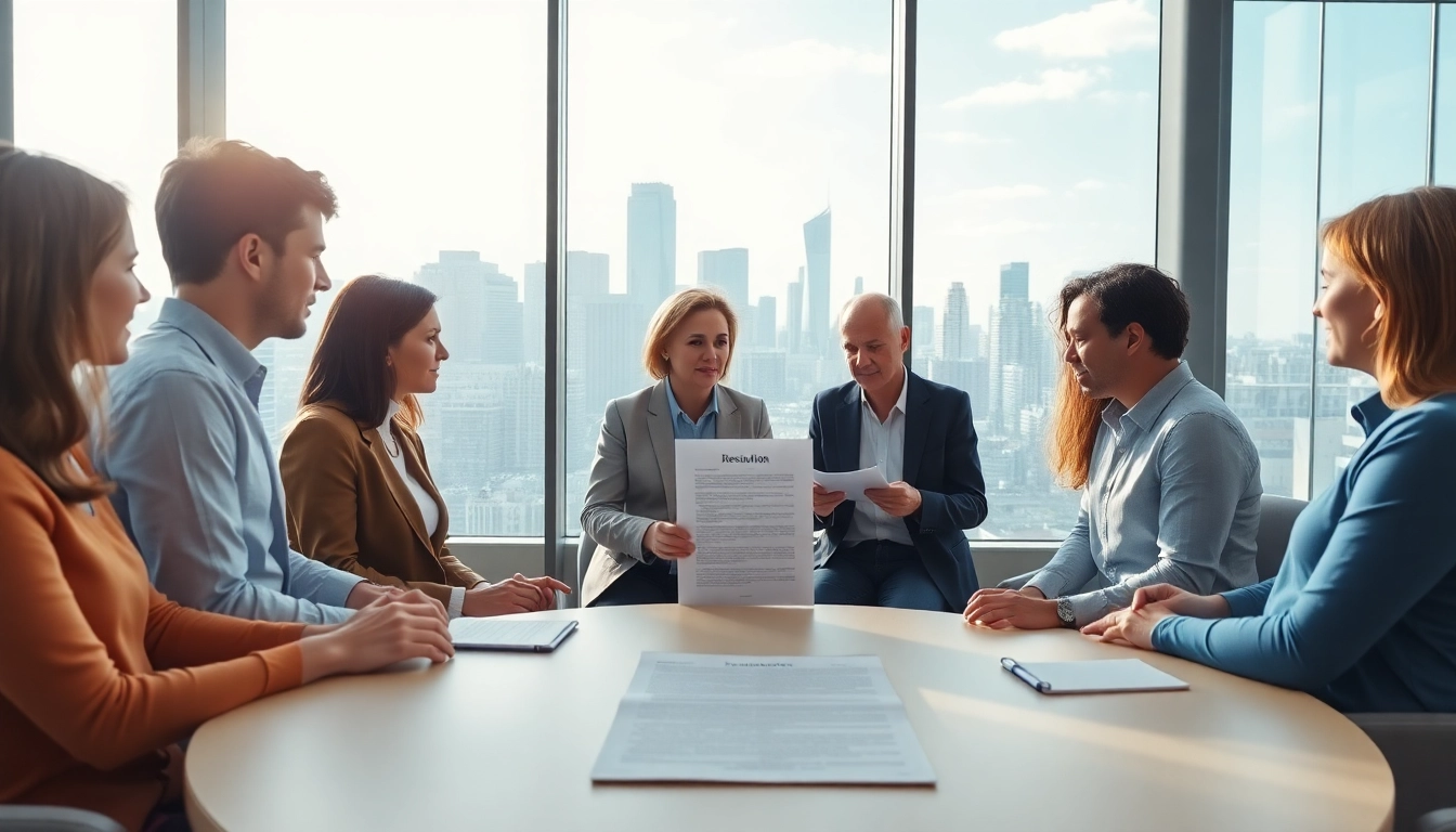 Mediation session engaging diverse individuals around a round table in a bright office.