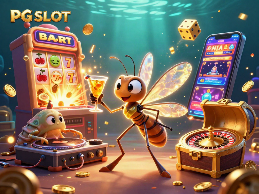 Experience PG SLOT excitement with vivid characters and vibrant casino elements in a dynamic scene.