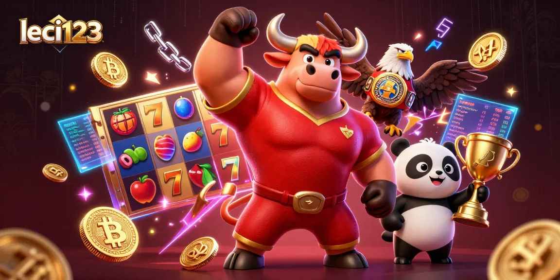 Win big with leci123 at the energetic online casino featuring colorful slots, 3D coins, and vibrant mascots.