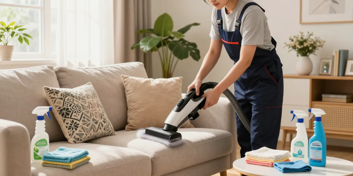 Upholstery cleaning service in action, professional refreshing plush sofa with steam cleaner in cozy living room.