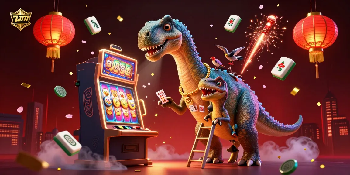 Experience thrilling slots action with 7J777 in this vibrant casino scene featuring a dinosaur and dealer.