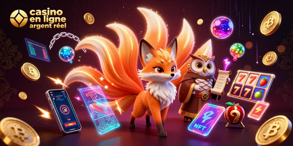 Illustration dynamique pour un jeu casino en ligne argent réel, mettant en scène un renard à neuf queues et un hibou sage avec des éléments de jeux.