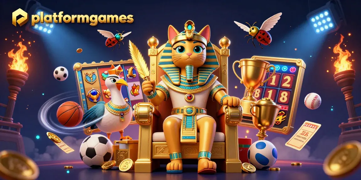 Win big at platformgames with a vibrant Egyptian-themed casino scene packed with slots and sports elements.