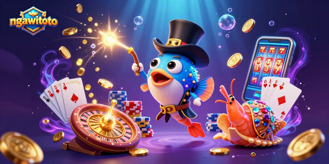 ngawitoto menarik koin emas dengan ilustrasi 3D dari karakter ikan pemancing laut dalam dan teman-temannya
