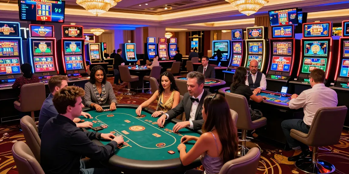 Scène de casino en ligne animée avec des joueurs engagés dans divers jeux de casino en ligne, ambiance dynamique et lumineuse.