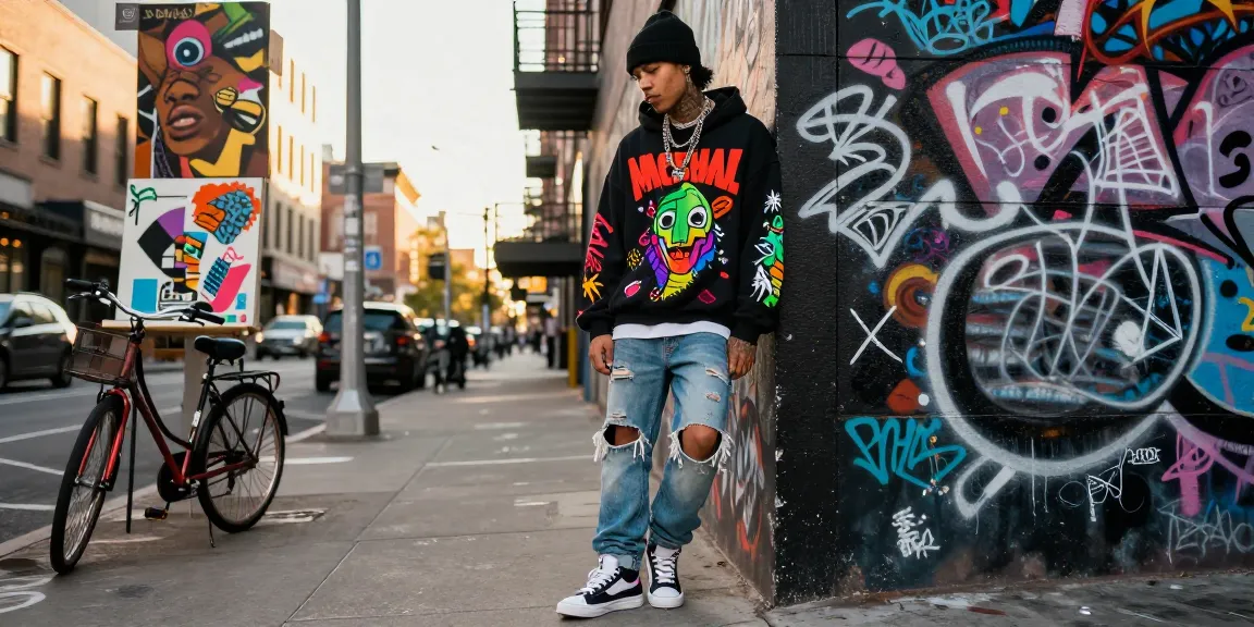 Fashionable individual in streetwear inspired by kw rokok88 style, confidently posing in an urban setting.