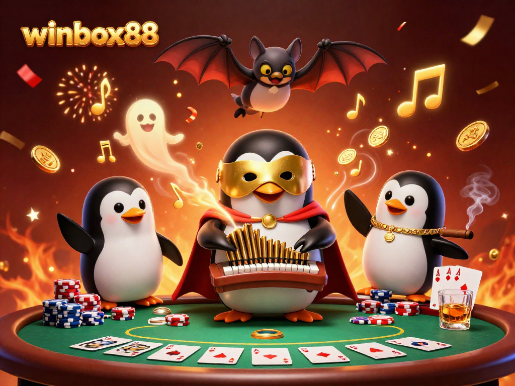 Join the winbox88 fun with a penguin playing for golden coins and poker winnings!