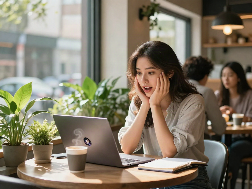 Young woman exploring how old do I look at a café with coffee and laptop.