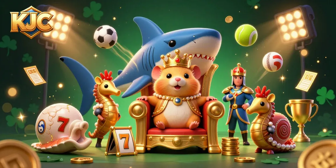 KJC promotes thrilling slot games with golden hamster king conquering a megalodon throne.