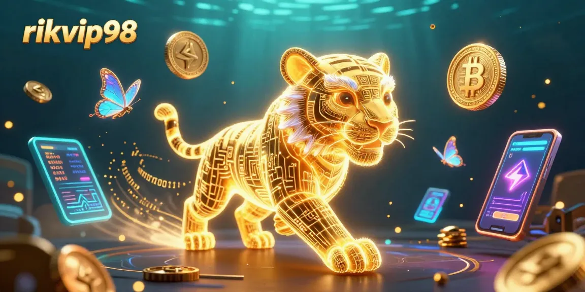 Experience the excitement of rikvip98 with a neon golden tiger and vibrant crypto elements in a digital casino.
