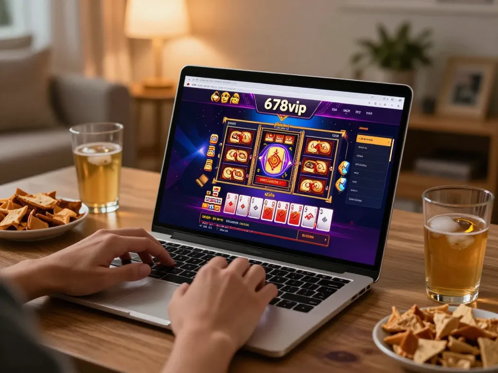 A player enjoys online gaming at 678vip with vibrant graphics and cozy atmosphere.