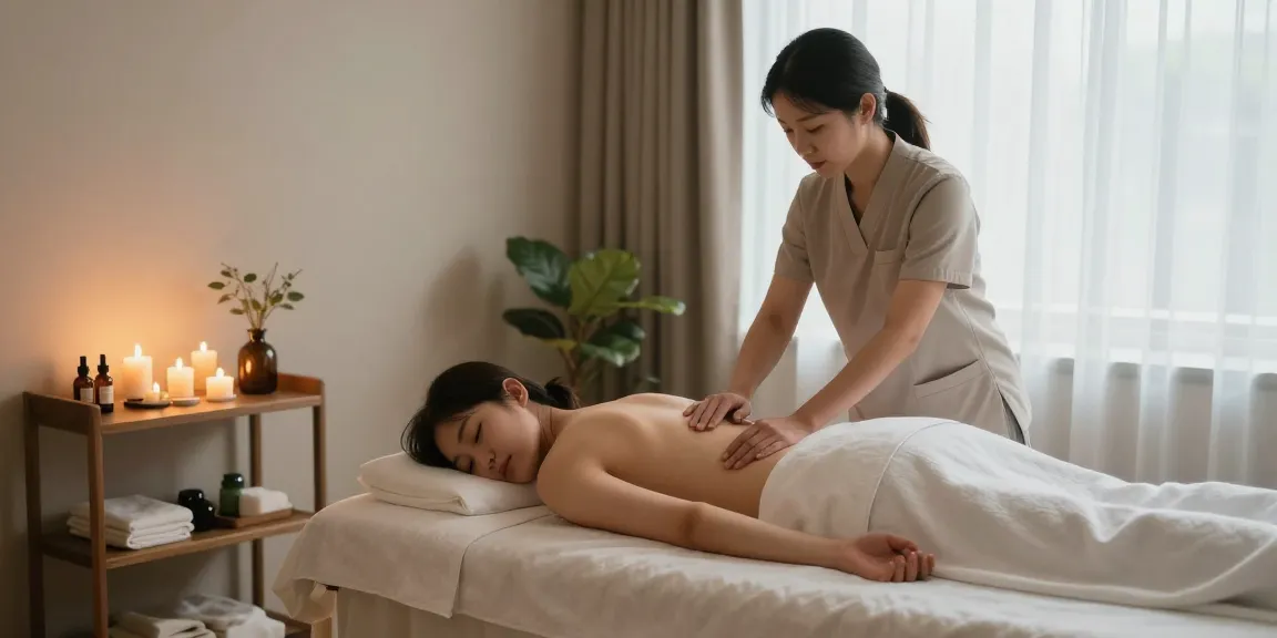 둔산동마사지 중인 편안한 마사지룸의 모습, 아로마와 촛불로 아늑한 분위기 연출