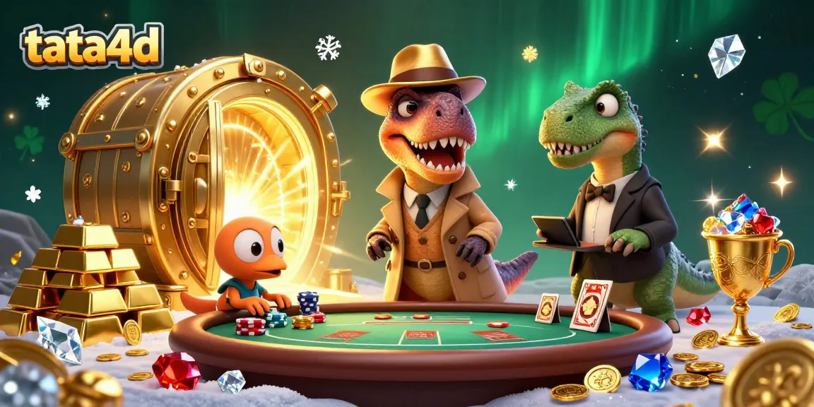 Tata4d velociraptor card counter at a blackjack table in a vibrant casino scene full of treasure.